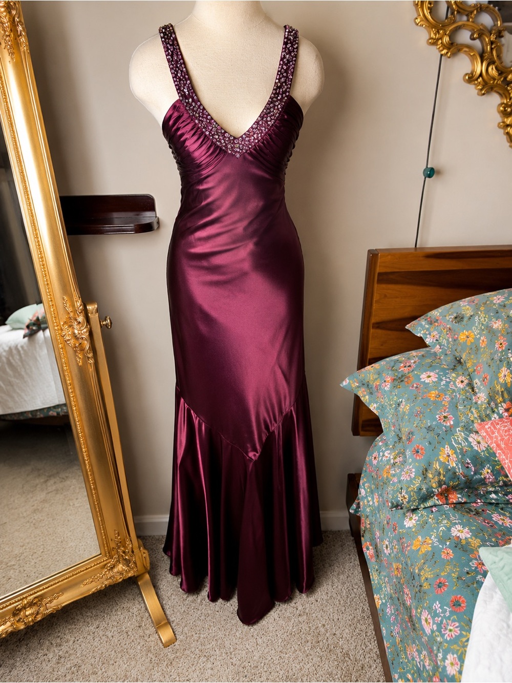 Vintage Y2K Cache Beaded Satin Mermaid Gown NWT military ball gala dress vampy